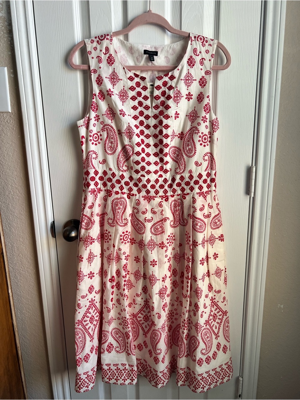 Talbots White and Red Paisley Embroidered Fit and Flare Dress